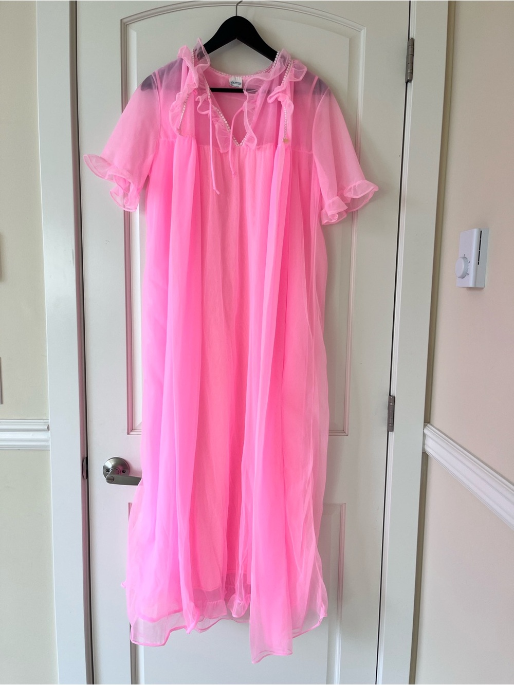 Vintage Sheer Pink Ruffle-Trim 2-pc Nightgown Set | Negligee | Peignoir | Boho